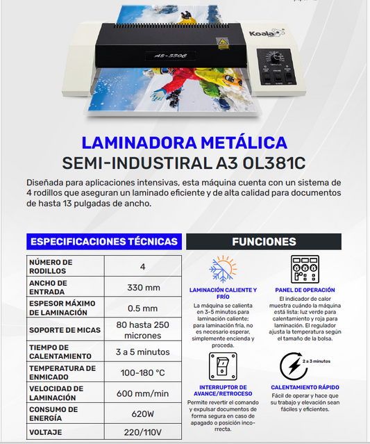 Laminadora Metalica Semi- Industrial A3 Enmicadora Modelo: 330C