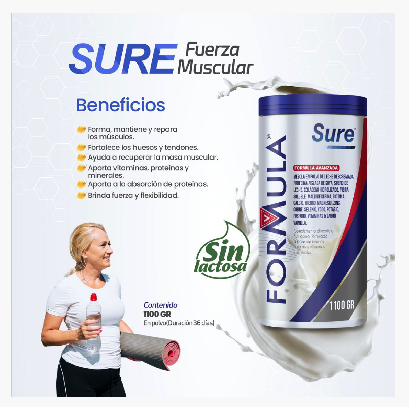 Leche Sure Proteinas Suero de Leche Colageno Calcio Hierro Fórmula V 1.1 Kg