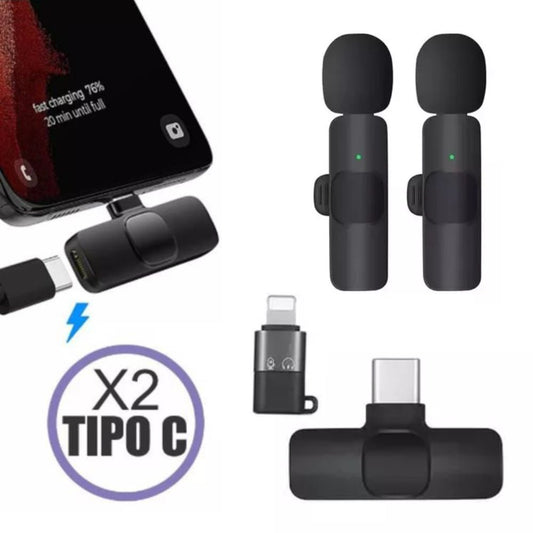 Micrófono de Solapa Inalámbrico 2 en 1 Entrada Tipo C y adaptador iPhone - TAINO®