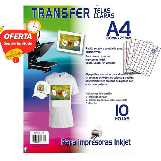 Papel Transfer A4 Premium 10 Hojas Estampado De Polos Claros - TAINO®