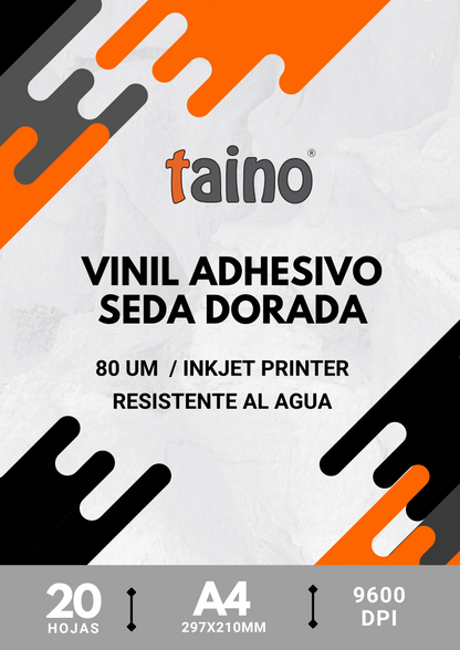 Vinil Adhesivo Seda Dorado Resistente al Agua 20 Hojas A4 - TAINO®