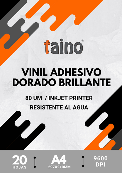 Vinil Adhesivo Dorado Brillante Resistente al Agua 20 Hojas A4 - TAINO®