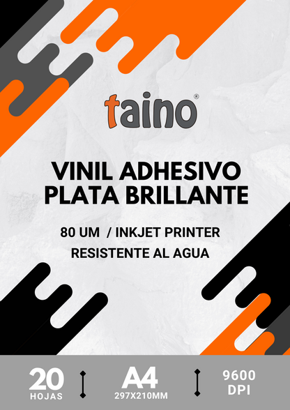 Vinil Adhesivo Plata Brillante Resistente al Agua Paquete de 20 Hojas A4 - TAINO®