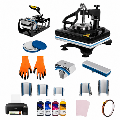 Combo Sublimación 15 en 1 Multifuncional Plancha 29x38cm Impresora Epson Tintas Papel A4 Cinta