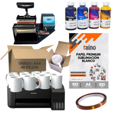 Combo Sublimación 6 en 1 Impresora Epson Máquina tazas Papel Tintas Cinta térmica  48 Tazas AAA 11oz