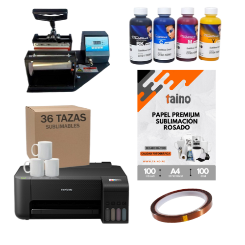 Combo de Sublimación 6 en 1: Impresora Epson + Máquina manual de tazas+ Papel+ Tintas+ cinta térmica + 1 Caja de Tazas AAA 11oz