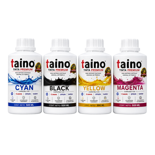 Pack 4 Tintas TAINO® Premium DYE CISS 500 ml – Black, Cyan, Magenta y Yellow
