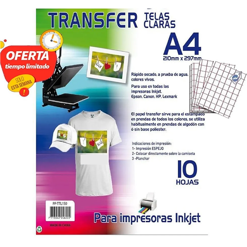 Papel Transfer Premium A4 10 Hojas Para Estampado De Polos Claros